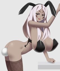 1girls alternate_costume anal_tail ass aversa_(fire_emblem) bare_thighs bent_over big_ass bottomless breasts brown_eyes bunny_ears bunny_girl bunny_tail bunnysuit cleavage female female_only fire_emblem fire_emblem_awakening fishnet_legwear fishnets functionally_nude grey_hair huge_breasts long_hair looking_at_viewer nintendo no_panties open_clothes pibu plug_(sex_toy) sex_toy sideboob smile solo table thighhighs thighs