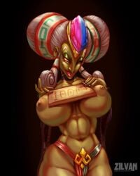 big_breasts breasts female gerudo gilf green_skin kotake koume large_breasts mature_female navel nipples ocarina_of_time red_lipstick solo solo_female the_legend_of_zelda toned_female toned_stomach twinrova white_hair yellow_eyes zilvan