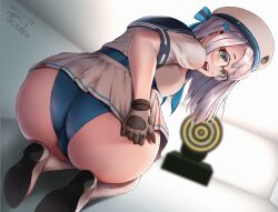 1girls artxeku ass ass_focus big_ass big_breasts big_butt blue_panties blush breasts butt_focus commander_(nikke) curvy female female_only fully_clothed glasses gloves goddess_of_victory:_nikke green_eyes grey_gloves hair_ornament headwear huge_ass huge_butt large_ass large_butt light-skinned_female neon_(nikke) panties pulling_skirt revealing_clothes round_ass sailor_uniform shoes silver_hair skimpy_clothes skirt_pull skirt_tug spectacles target training