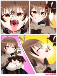 2girls :d aoyagi big_breasts black_hair blue_willow blush brown_hair cape cleavage feathers female female_only hairclip hakos_baelz hakos_baelz_(1st_costume) hololive hololive_english licking_lips micro multiple_girls nanashi_mumei open_mouth oral_vore rat_ears rat_girl rat_tail red_hair swallowed_whole swallowing tongue tongue_out virtual_youtuber vore white_hair