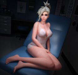 1girls 3d blue_eyes female female_only hospital_chair large_breasts lingerie looking_at_viewer mercy overwatch overwatch_2 rwt4184 see-through_clothing