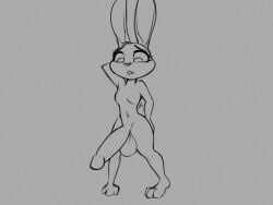 2021 3_toes 4:3 anthro balls disney dracojeff feet flat_chest futanari genitals grey_background greyscale gynomorph hand_behind_head hand_on_hip intersex judy_hopps lagomorph leporid looking_down mammal monochrome nude penis rabbit simple_background sketch solo standing toes zootopia