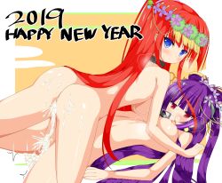 2girls blue_eyes collar cum cum_in_pussy cum_inside cum_on_ass dripping_cum long_hair multiple_girls purple_hair puyo_puyo puyo_puyo_quest red_eyes red_hair yuri