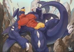 1boy 3_toes 4_fingers abs anthro artist_signature balls benoitxie biceps big_balls big_penis black_sclera blue_body blue_skin color colored completely_nude dragon fang fangs feet fin flaccid front_view garchomp holding holding_object holding_poke_ball large_penis laying_down laying_on_back laying_on_ground legs legs_apart legs_spread long_tail looking_away male male_focus male_only marine multicolored_body multicolored_skin muscle muscles muscular muscular_anthro muscular_arms muscular_male muscular_thighs naked naked_male nintendo nude nude_male one_arm_up one_leg_up outdoors outside pecs penis poke_ball pokeball pokemon pokemon_(species) raised_arm raised_leg raised_tail red_body red_skin rock rocks scalie shark shark_fin shark_tail signature solo solo_focus solo_male source_request spikes spikes_(anatomy) spread_legs tail tail_between_legs tail_fin thick_thighs thighs yellow_body yellow_eyes yellow_skin