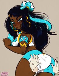 1boy 1girls ass ass_grab blush cephalophilia dark-skinned_female dark_skin long_hair looking_back nessa_(pokemon) nintendo pokemon pokemon_ss thick_thighs