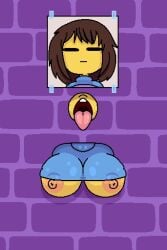 breasts brown_hair clothing fapwall frisk glory_hole open_mouth shy_jaz through_wall underboob undertale undertale_(series) yellow_body