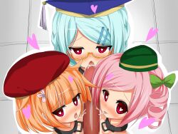 3girls collar cum glasses hat heart heart-shaped_pupils licking licking_penis puyo_puyo puyo_puyo_quest saliva short_hair