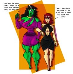 2girls avengers big_breasts black_widow_(marvel) bust busty cleavage clothed clothes clothing commission dress english_text female female_only green-skinned_female green_body green_eyes green_hair green_skin hips huge_breasts hulk_(series) implied_yuri large_breasts lesbian marvel marvel_comics muscles muscular muscular_female natasha_romanoff pressingsomebuttons she-hulk speech_bubble superhero superheroine text top_heavy upper_body wide_hips yuri