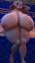 2022 3d_(artwork) 5_toes absurd_res anthro areola big_breasts breasts coriponer digital_media_(artwork) disney feet female fingers fur gigantic_breasts grey_body grey_fur hi_res huge_breasts judy_hopps lagomorph large_breasts leporid looking_at_viewer mammal nipples nude pink_areola pink_nipples purple_eyes rabbit solo thick_thighs toes water zootopia