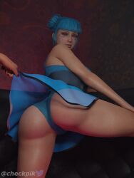 2girls 3d 3d_(artwork) ass blender blender_(software) blue_hair blue_moon_(cyberpunk_2077) checkpik clothed clothing cyberpunk_2077 exposed female female_focus female_only looking_at_viewer nude nude_female offscreen_character panties skirt skirt_lift skirt_pull skirt_up solo_focus thighs upskirt