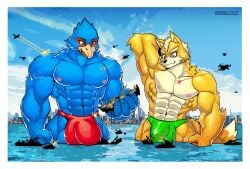 aircraft airplane anthro avian bird blue_body bulge canid canine city clothing destruction detailed_bulge duo falco_lombardi fox fox_mccloud green_eyes hi_res jet laser macro male mammal muscular muscular_male nintendo orange_body rampage sea ship speedo star_fox swimwear vehicle video_games water watercraft wolfmalro