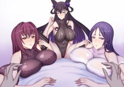 3girls alternate_version_available big_breasts black_hair blush breasts fate/grand_order fate_(series) female female_focus hair hair_ornament huge_breasts legwear leotard long_hair looking_at_viewer manna_(pixiv8805037) mature mature_female mature_woman milf minamoto_no_raikou_(fate/grand_order) mother multiple_girls murasaki_shikibu_(fate) pov pov_eye_contact purple_eyes purple_hair red_eyes red_hair scathach_(fate) seductive seductive_look seductive_smile smile thighhighs thighs unseen_male_face