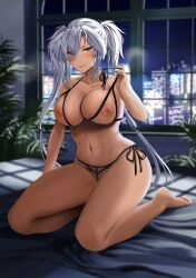 barefoot breasts dark-skinned_female female kantai_collection large_breasts looking_at_viewer musashi_(kantai_collection) red_eyes silver_hair sitting solo tongue_out twintails undressing yunamaro