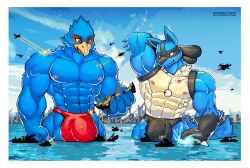 aircraft airplane anthro avian bird blue_body breifs briefs briefs_only bulge canid canine city clothing destruction detailed_bulge duo falco_lombardi generation_4_pokemon green_eyes hi_res jet jockstrap laser lucario macro male mammal muscular muscular_male nintendo pokémon_(species) pokemon pokemon_(species) rampage red_eyes sea ship speedo star_fox swimwear vehicle video_games water watercraft wolfmalro