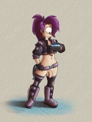 1futa accessory balls bangs big_hair big_penis boots bottomless button_nose clothed clothing comedy_central dickgirl fingerless_gloves footwear foreskin futa_only futanari futurama genitals gloves hair hair_accessory hair_tuff handwear hi_res human humanoid_genitalia humanoid_penis jacket knee_pads laser_gun leather leather_clothing leather_jacket leather_topwear legwear mammal midriff_jacket midriff_top navel one_eye_visible penis ponytail purple_hair ranged_weapon rolled_up_sleeves rubber rubber_clothing science_fiction shaded shoulder_pads simple_background small_ears soft_penis softailfox tactical_nudity thigh_highs topwear turanga_leela weapon