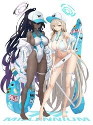 2girls absurd_res asuna_(blue_archive) b-pang beauty_mark bikini black_hair blonde_hair blue_archive blue_eyes blush breasts brown_skin chocolate_and_vanilla cleavage competition_swimsuit dark-skinned_female dark_skin female grin hair_over_one_eye halo hat highleg_swimsuit hips huge_breasts karin_(blue_archive) lifeguard light-skinned_female light_skin long_hair looking_at_viewer millennium_science_school_logo_(blue_archive) millennium_science_school_student mole_on_breast one-piece_swimsuit simple_background slim_waist smile swimsuit thick_thighs thighs white_bikini white_swimsuit wide_hips yellow_eyes