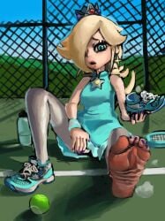 5_fingers 5_toes barefoot feet female female_focus female_only foot_fetish foot_focus jae-yo mario_(series) mario_tennis nail_polish nintendo one_bare_foot painted_nails painted_toenails princess_rosalina purple_nails shoes shoes_removed soles steam sweat sweatdrop sweaty sweaty_body tennis tennis_ball tennis_racket tennis_uniform toe_curl toe_scrunch toenail_polish toes water_bottle wrinkled_feet wrinkled_soles