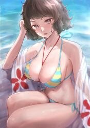 1girls atlus big_breasts bikini bikini_bottom bikini_top blush breasts brown_eyes brown_hair cleavage female female_only hair huge_breasts mature mature_female milf neckwear persona persona_5 sadayo_kawakami solo solo_female striped_bikini swimsuit swimwear thighs whistle whistle_around_neck yous_(artist)