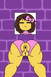 anus ass bikini_bottom bow brown_hair clothing fapwall frisk glory_hole shy_jaz through_wall undertale undertale_(series) yellow_body