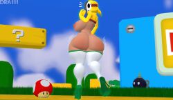 1girls 3d ?_block ass bob-omb dra111_(artist) dragon316 female female_focus green_heels hair_over_one_eye high_heels huge_ass mario_(series) mushroom nintendo shy_gal shy_gal_yellow solo super_mario_bros. super_mushroom tagme tan-skinned_female tan_skin