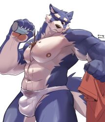 2022 abs anthro beverage biceps blissrooster briefs briefs_only bulge canid canine clothing coffee hi_res male mammal muscular navel nipples one_eye_closed pecs pouring pouring_onto_self shirt simple_background solo spilled_drink spilling splash standing topwear underwear white_background