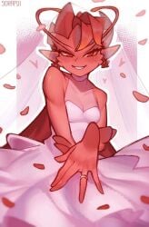 blushing bride dark_willow dota_2 earrings fairy fairy_wings female female_focus female_only looking_at_viewer married_woman notsorapoi petite red_eyes red_skin ring rose_petals small_breasts smile solo wedding_dress wedding_ring wedding_veil