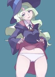 1girls belly belly_button blue_eyes blush breasts british clothed coveredcore diana_cavendish female female_only fully_clothed green_hair lifting_clothing lifting_dress light_blush light_green_hair little_witch_academia long_hair panties revealing_panties showing_panties simple_background slight_blush smile smiling sweat sweatdrop themanyyoukilled thighs tummy witch witch_costume witch_hat