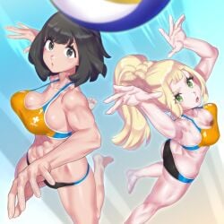 2girls abs ass athletic_female black_eyes black_hair blonde_hair bra breasts fit_female green_eyes large_breasts lillie_(pokemon) medium_hair mizuumi_(bb) nintendo pokemon pokemon_sm ponytail selene_(pokemon) sports_bra sportswear volleyball volleyball_uniform