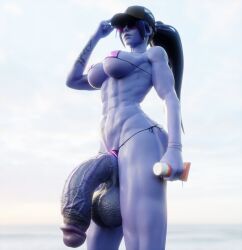 1futa 3d abs athletic_futanari baseball_cap cock_ring futa_focus futanari hi_res high_resolution large_balls large_breasts large_penis muscular_futanari muscular_thighs overwatch ponytail purple-tinted_eyewear purple_skin retracted_foreskin rugged_penis sagging_balls solo_futa suncream sunglasses swimsuit swimwear tinted_eyewear veiny_penis veiny_testicles widowmaker zzzxxxccc