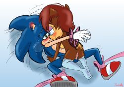 anthro blush bondage bound bound_wrists cowgirl_position dawnelle ear_blush femdom male penis restrained ribbon sally_acorn sonic_(series) sonic_the_hedgehog spread_legs straight vaginal_penetration