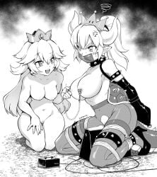 2girls angry_face armlet arms_tied_behind_back bondage bowsette breasts collar crown earrings eudetenis female gag gagged greyscale high_heels horns kneeling large_breasts legs_tied lizard_tail long_hair mario_(series) midriff monochrome monoglove naked navel new_super_mario_bros._u_deluxe nintendo nipple_clamps nipples nude nude_female pantyhose ponytail princess_peach rope rope_bondage sex_machine sex_toy slave spiked_armlet spiked_collar super_crown super_mario_bros. sybian tail tape tape_gag torn_clothes torn_pantyhose turtle_shell vibrator vibrator_controller yuri