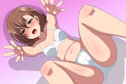 10s 1girls 2018 :o arms_up ass bare_shoulders bare_thighs bedroom_eyes big_ass blush bra breasts brown_eyes brown_hair brunette cleavage collarbone come_hither feet_out_of_frame female gradient_background hair_ornament hairclip hi_res hips horny legs_apart legs_spread looking_at_viewer lying marupuni matching_hair/eyes midriff misaka_mikoto navel on_back open_mouth outstretched_arms panties short_hair small_breasts solo spread_legs teenage_girl teenager thick_thighs thighs to_aru_kagaku_no_railgun to_aru_majutsu_no_index underwear underwear_only white_bra white_panties wide_hips young