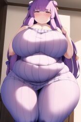 ai_generated female looking_at_viewer nai_diffusion overweight patchouli_knowledge plump purple_dress purple_eyes purple_hair stable_diffusion striped_clothing thick_thighs tight_clothes tight_clothing tight_dress tight_fit touhou