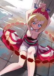 1girls angry angry_face armpits arms_up bare_shoulders blonde_hair blue_eyes blush bob_cut bound bound_wrists bracelet breasts breasts_out captured cleavage collar collarbone defiant female hair_ornament irida_(pokemon) kaminari looking_at_viewer medium_breasts nipples pokemon pokemon_legends:_arceus red_chain red_sash scowl sitting sitting_on_floor slender_body solo_female solo_focus stone_floor stone_pillars strapless_shirt violation white_collar white_sash white_shorts white_skin