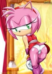 amy_rose amy_rose_(boom) anthro ass bbmbbf cameltoe clothed eulipotyphlan female genital_outline hedgehog looking_at_viewer looking_back mobius_unleashed palcomix panties pantyshot pantyshot_(standing) pink_body seductive skirt skirt_lift solo sonic_(series) sonic_boom thigh_socks upskirt white_panties