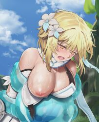 1girls bangs bare_shoulders blonde_hair blush bondage breasts breasts_out cyclone cyclone_(reizei) dress female female_only floating_hydro_fungus flower_in_hair fungi_(genshin_impact) genshin_impact hair_ornament large_breasts lumine_(genshin_impact) nipples one_breast_out open_mouth restrained saliva saliva_trail slime slime_monster slime_sex sweat white_dress white_flower yellow_eyes