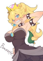 1girls armlet bare_shoulders black_dress blonde_hair blue_eyes bowsette bracelet breasts character_name cleavage collar crown dress female female_only genderswap_(mtf) highres horns jewelry large_breasts looking_at_viewer mario_(series) new_super_mario_bros._u_deluxe rule_63 sharp_teeth shell simple_background solo spiked_bracelet spiked_collar spikes standing sumaki_shungo super_crown teeth white_background