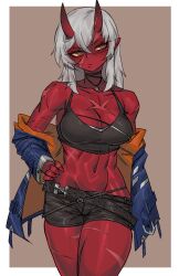 1girls akumi breasts clothed female female_only horns oni oni_female oni_horns red-skinned_female red_skin scars solo tummy virtual_youtuber vyugen youkai zakusi