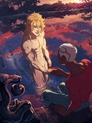 2boys blonde blonde_hair blonde_hair_male blonde_male clothed_male dark-skinned_male dark_skin dio_brando enrico_pucci gay holding_hands jojo's_bizarre_adventure male_only nude_male nude_male_clothed_male stone_ocean tagme white_hair white_hair_male wholesome yaoi