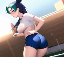 1girls ai_generated black_hair blue_shorts blush clothed female female_only frooj-ai green_hair jojo's_bizarre_adventure jolyne_kujo nai_diffusion nipples nipples_visible_through_clothing self_upload solo spots stable_diffusion stadium standing stone_ocean thighs tight_clothing