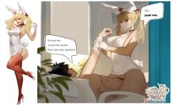 1boy animal_ears arm_up bandaged_arm bandages bangs blonde_hair blunt_bangs breasts commentary covered_navel cowgirl_position cowgirl_position english_commentary english_text female female_pubic_hair full_body hat highres hu_dako looking_at_viewer mask medium_breasts mouth_mask multiple_views nurse nurse_cap open_mouth original patreon_username pubic_hair rabbit_girl rabbit_tail red_eyes red_thighhighs sex short_hair speech_bubble straddling straight surgical_mask tail thighhighs tongue tongue_out twintails white_headwear