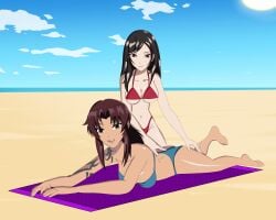 2girls anoneysnufftan applying_sunscreen beach bikini black_hair black_lagoon brown_hair crossover edasbild embarrassed female female_only final_fantasy final_fantasy_vii hand_on_back hand_on_thigh humiliation imminent_death killer_lotion kneeling laying_down long_hair massage murder ocean on_stomach peril punishment revy rubbing sand seaside sitting sky snuff summer sunbathing swimsuit tattoo tattooed_arm tifa_lockhart towel