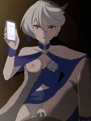 1boy bare_shoulders blue_dress blush breast_grab breasts cellphone censored clothing_aside collarbone crotch cum cum_in_pussy dress female grabbing grey_eyes gundam gundam_suisei_no_majo hair_bun highres iphone large_breasts looking_at_viewer miorine_rembran mosaic_censoring nipples no_bra one_breast_out panties panties_aside parted_lips phone rape salmon_knight sex shiny shiny_hair single_hair_bun smartphone spread_legs straight tears underwear vaginal_penetration white_hair white_panties