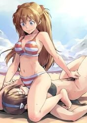 2girls asuka_langley_sohryu barefoot beach bikini bikini_bottom_removed blue_eyes breasts brown_hair catfight cleavage clothed_female clothed_sex cunnilingus cunnilingus_through_clothes facesitting feet female female_pubic_hair femdom femsub fingering glasses human jelly_shrimp light-skinned_female light_skin long_hair lying mari_illustrious_makinami multiple_girls neon_genesis_evangelion no_panties on_back oral pubic_hair pubic_hair_pull rebuild_of_evangelion sitting_on_face striped striped_bikini sweat swimsuit toes yuri