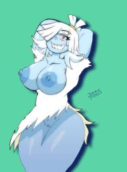 allie_(slipperyt) blue_skin ghost_girl jakatoshi original_character showing_breasts smiling white_hair