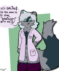 absurd_res anthro big_tail breasts cleavage clothed clothing coat dialogue digital_media_(artwork) domestic_ferret female femlumi(fylumi) fluffy fylumi genitals green_eyes grey_body hair hi_res hybrid lab_coat legwear looking_at_viewer mammal mustela mustelid musteline partially_clothed pink_clothing procyonid purple_clothing purple_legwear purple_thigh_highs pussy raccoon shaded simple_background simple_coloring simple_eyes simple_face simple_nose simple_shading solo solo_focus solo_in_panel speech_bubble suggestive_look talking_to_viewer thigh_highs topwear true_musteline white_hair