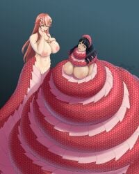 2girls amber_eyes black_hair blush coils crossover female female_only huge_breasts lamia long_hair miia_(monster_musume) monster_girl monster_musume_no_iru_nichijou nico_robin one_piece pactumsyl pre-timeskip pussy shaved_pussy snake_girl snake_tongue voluptuous wrapped_up yuri