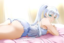 1girls alternate_version_available ass big_ass blue_eyes bottomwear clothing female female_only hair kimmy77 lingerie looking_at_viewer nightgown on_stomach ponytail rwby scar shorts solo solo_female thighs topwear weiss_schnee white_hair