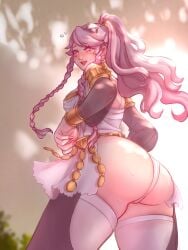 1girls 2022 ass blush chiffonfae embarrassed female female_only fire_emblem fire_emblem_awakening from_below hi_res high_ponytail large_ass looking_back nintendo olivia_(fire_emblem) panties pink_eyes pink_hair ponytail solo thick_thighs underwear white_panties