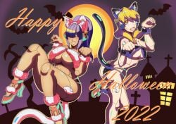 2022 2girls alia big_breasts cat_costume cat_ears cat_pose cat_tail cat_whiskers dark-skinned_female glowing_eyes halloween halloween_costume layer light-skinned_female mega_man mega_man_x paw_pose robot_girl underboob whiskers